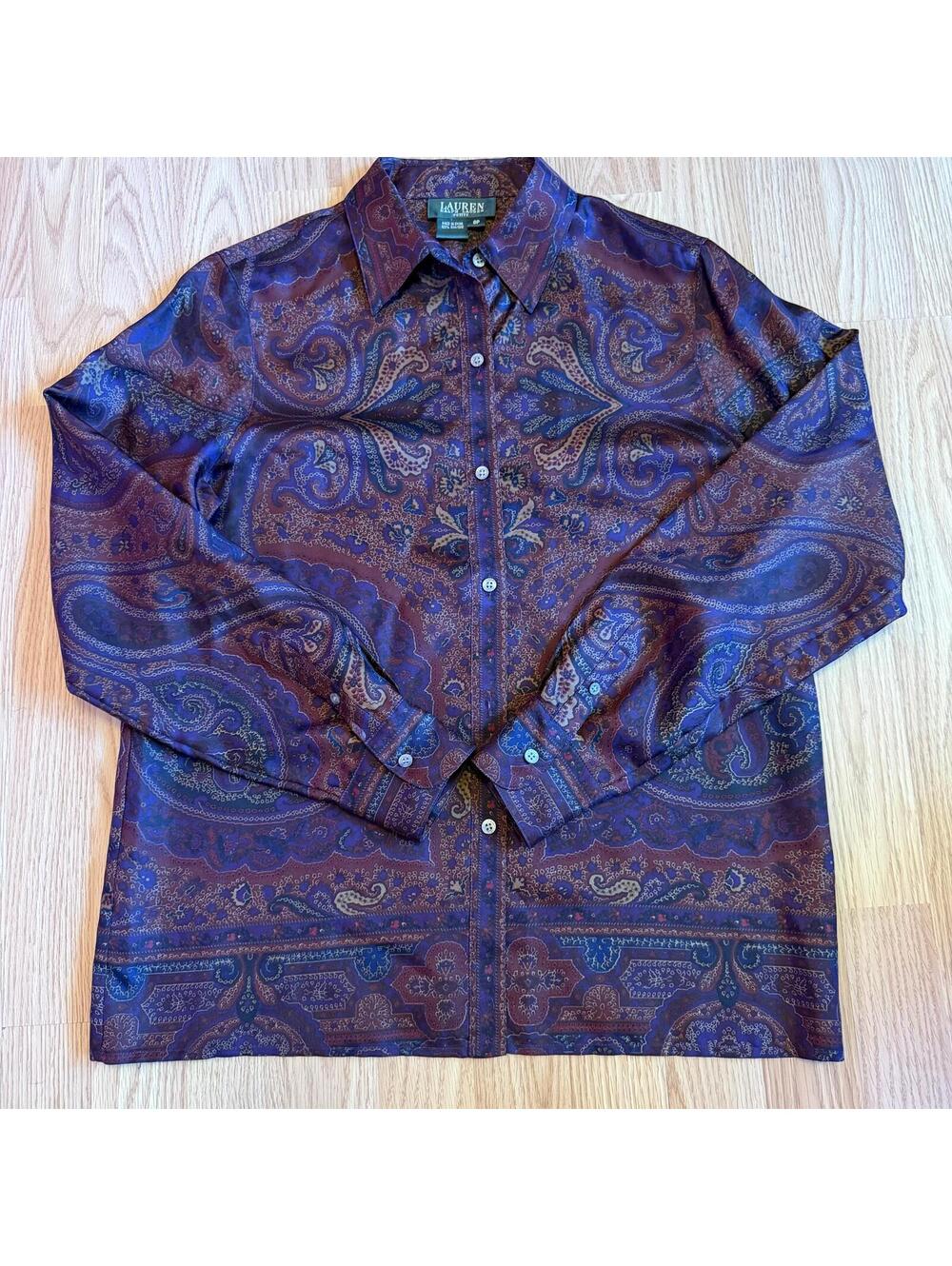 Ralph Lauren Purple Maroon Paisley Print Silk Button Up size 8p